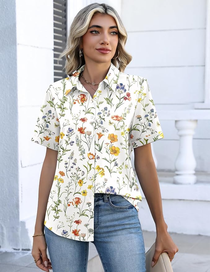 Zeagoo Button Down Shirts for Women Short Sleeve Collared Tops Dressy Casual V Neck Blouses - Image 4