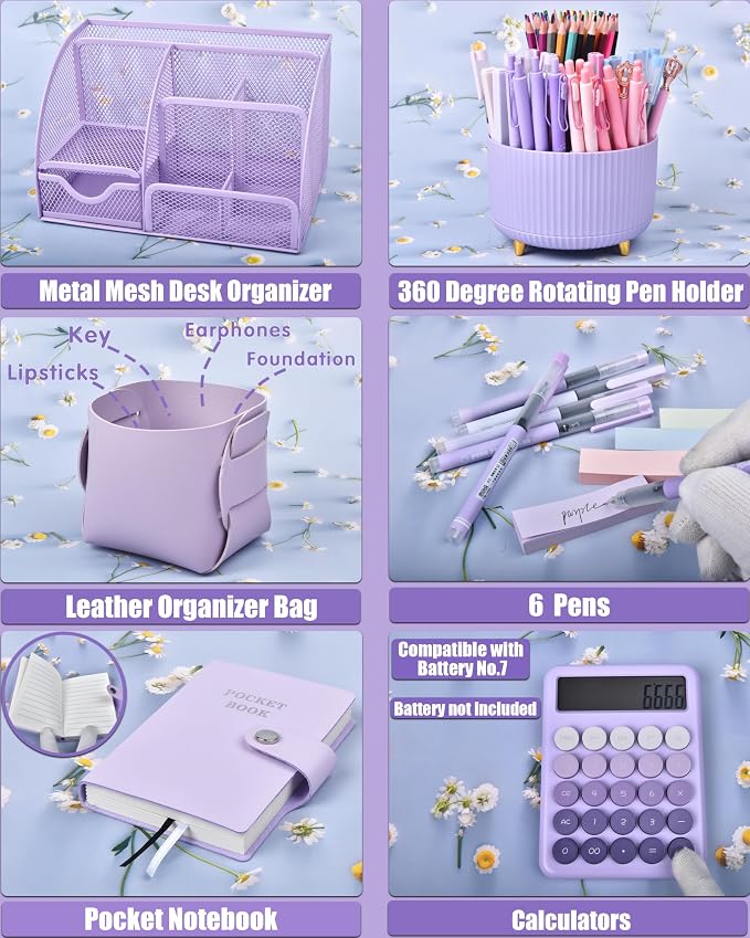LXEVIHK 21Pcs Purple Desk Organizers and Accessories With Mesh Desk Organizer and 360°Rotating Pen Holder and a Lot of Office Purple Office Supplies Beautifully Presented in a Gift Box - Image 4