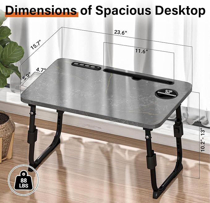 Lap Desk for Bed, Adjustable Laptop Desk with USB Charging Port, Storage Drawer & Bookshelf — Foldable Bed Desk for WFH & Students, 23.6" Desktop Fits 17" Laptop, Non-Slip, Deep Stone Texture - Image 4