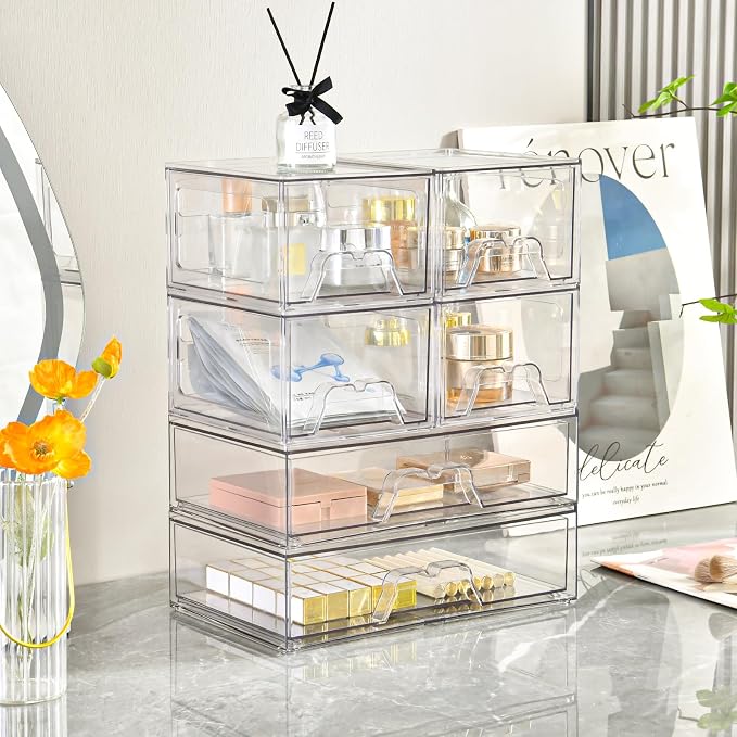 Stebopum 6 Pack Stackable Storage Drawers Clear Acrylic Organizer Makeup Bathroom Organizer and Storage Bins for Beauty Supplies,Ideal for Vanity, Bathroom,Pantry Organization - Image 5