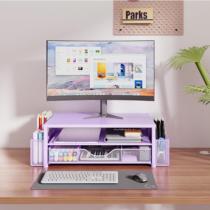 OPNICE Desk Organizers and Accessories, 2-Tier Computer Monitor Stand Riser with Drawer and 2 Pen Holders, Laptop Stand, Office Desk Accessories & Office Decor for Women, Purple - Image 2