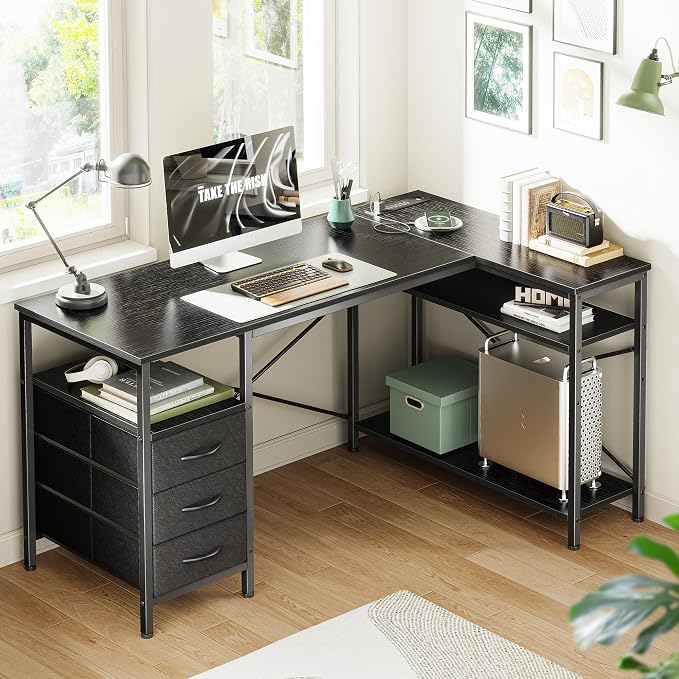 Huuger L Shaped Office Desk with Power Outlets, 47 Inch Computer Desk with 3 Drawers, Shelves, for Gaming, Corner Work, Home Office, Study, Black - Image 2