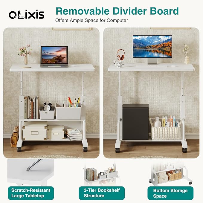 OLIXIS Rolling Desk, Storage Shelves, Laptop Table, Home Office | Height Adjustable Design, Computer Desks on Wheels, Portable for Small Spaces Use, White - Image 5