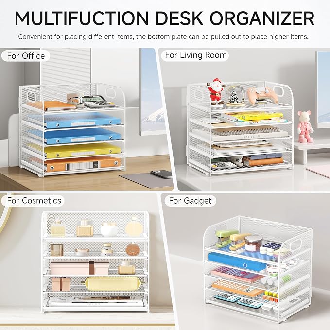 Lavatino 5 Tray Paper Organizer Letter Tray with Handle - Mesh Desk File Organizer, Paper Sorter Organizer for Office, Home or School File Folder Holder - White - Image 5
