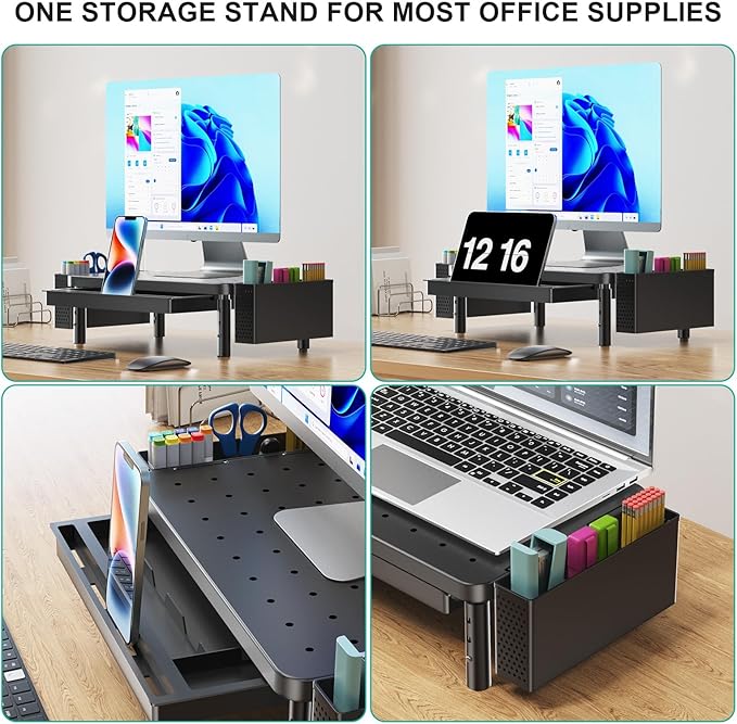 WALI Computer Monitor Stand with Storage, Desk Organizer with Drawer and Pen Holder, Desk Monitor Riser 3 Height Adjustable, Laptop Riser for Computer, Laptop, Printer(PTT003-B), 1 Pack, Black - Image 3