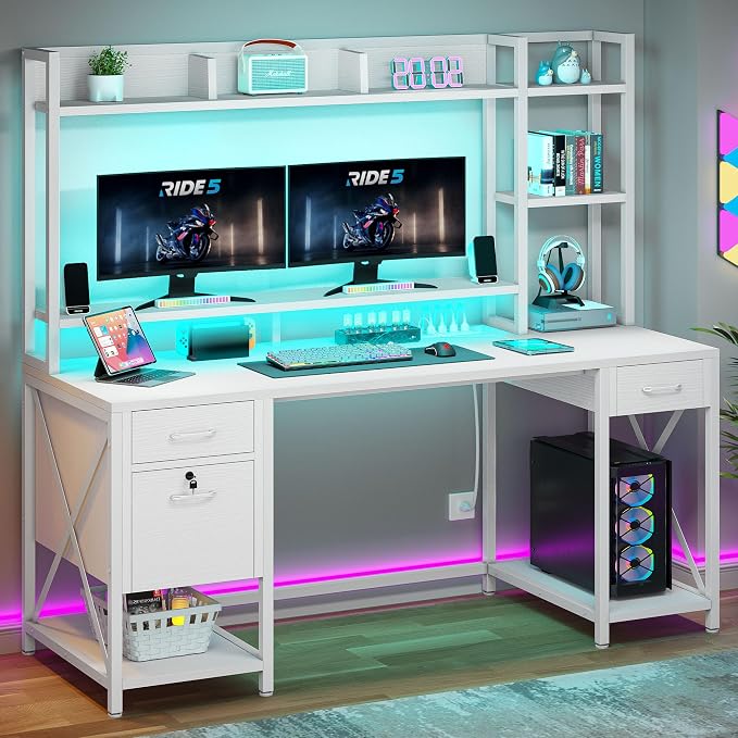 DWVO Computer Desk with Drawers & Hutch, 59.1" Office Desk with Power Outlets & LED Lights, Home Office Desk with Storage Shelves, White | Built-In Power Outlets, Led Lights, Hutch Shelves, Storage Drawers, for Home Office Work Study, Easy Assembly - Image 3
