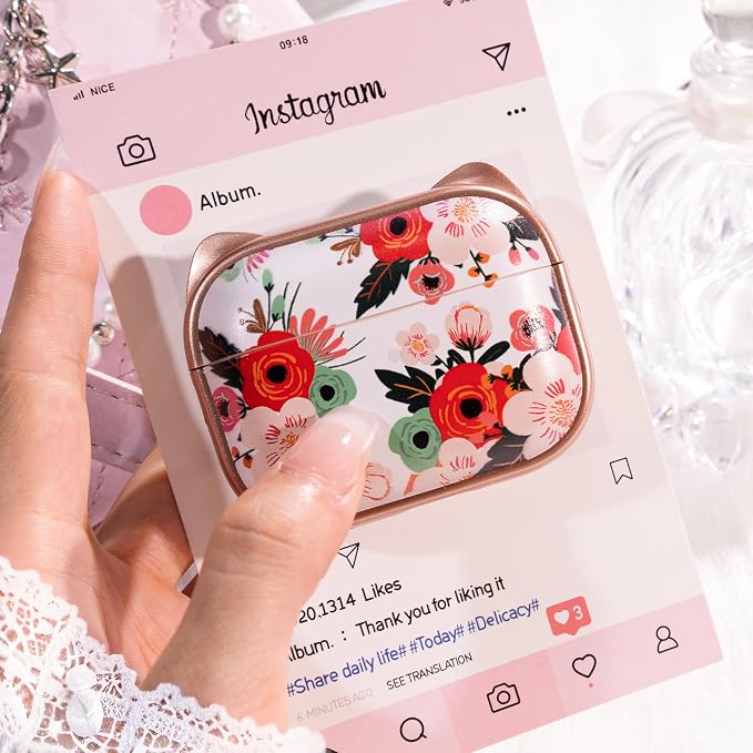 for AirPods Pro 2 Case with Cleaning Kit, Cute Cat Ear Print Design & Cute Buckle for Girls, Phone Holder & Top Safe Lock Buckle Design for AirPods Pro 2nd/1st Gen case, Rose Gold Flower - Image 4