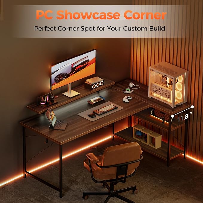 Mericonia 55 in L Shaped Gaming Desk, Large Corner Desk with Monitor Stand | Reversible Computer Desk with Power Outlets, LED Light & Storage Shelves, Office Table for Home Bedroom Study Work Writing - Image 9