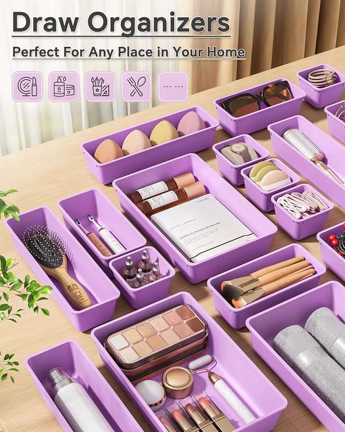KEMETHY 25 PCS Plastic Drawer Organizers Set, 4 Sizes Vanity Organizer, Makeup and Desk Drawer Organizer Trays, Organization and Storage for Makeup, Bathroom, Kitchen Utensils and Office (Purple) - Image 6