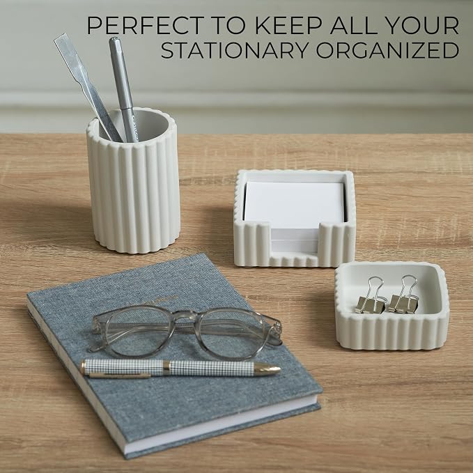 Aesthetic Desk Organizer Set of 3 For Your Office - Sturdy Concrete Desktop Accessories For Women Enhance Any Office Decor - Set incl. Pen Holder, Paperclip Storage & Sticky Note Holder for Teacher - Image 3