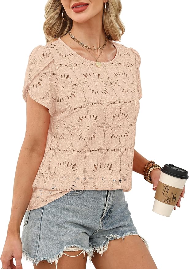 OFEEFAN Blouses for Women Dressy Casual Petal Short Sleeve Shirts Crochet Lace Boho Tops Spring Fashion Summer Outfits - Image 4