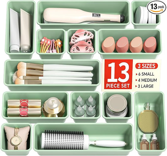 Canfanni 13 Pack Plastic Drawer Organizers Set, 3 Sizes Desk Drawer Organizer Trays for Vanity and Makeup Organizer, Organization and Storage for Makeup, Kitchen Utensils, Bathroom and Office(Green) by Canfanni