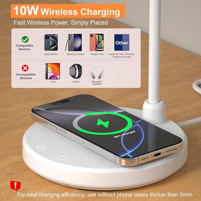 LED Desk Lamp for Home Office with Wireless Charger, White | 3 Color Modes Dimmable Eye-Caring Study Reading Dorm Desk Lamp, 360° Flexible Arm Table Lamp for College Dorm Room, 800 Lumen - Image 2