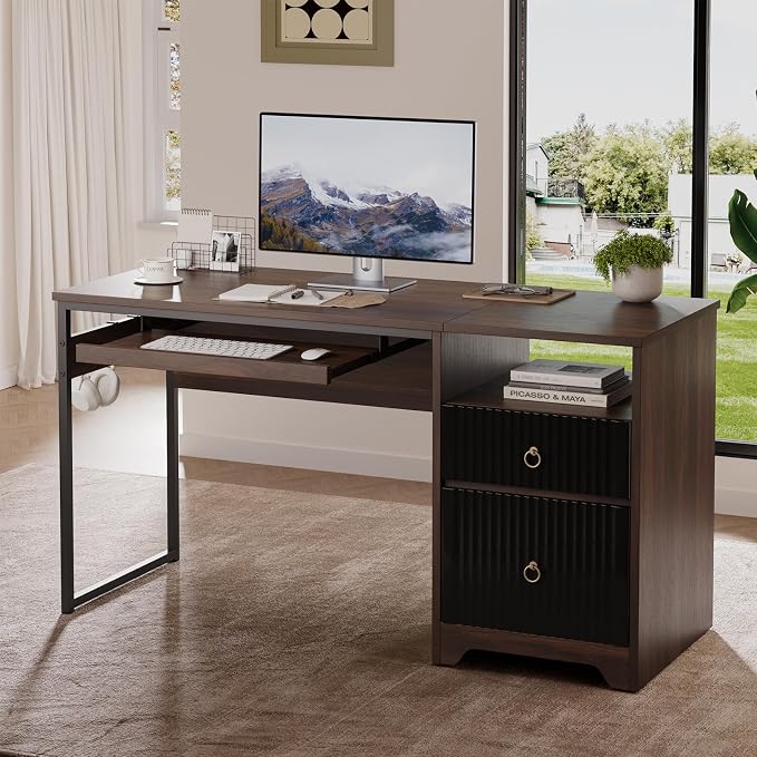 Bestier 55 Inch Wood Computer Desk with File Drawer & Keyboard Tray, Cherry | Fluted Panels, Ring Handles, File Drawer Letter/Legal, Storage Drawer, Keyboard Tray, Reversible, 2 Hooks, 150 Lbs, P2 Board - Image 2
