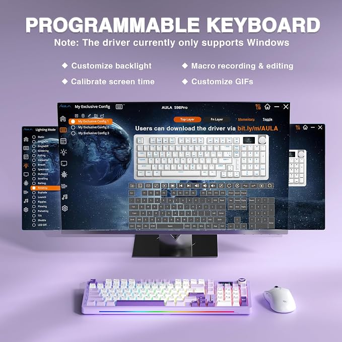 AULA S98 Pro Wireless Mechanical Keyboard with Screen & Knob, Tri-Mode Creamy Keyboard with Number Pad, Pre-lubed Linear Switches, Hot Swappable RGB Backlit Computer Gaming Keyboards for PC/Laptop - Image 8