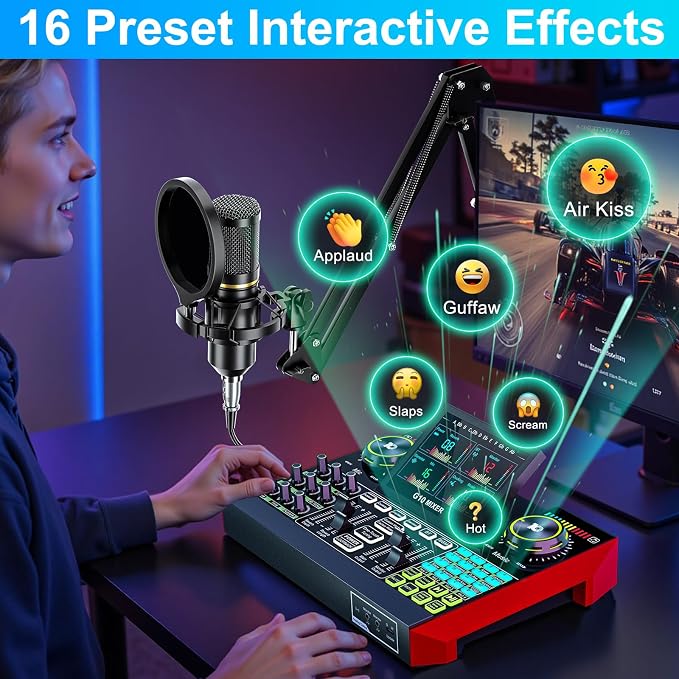 tenlamp Podcast Microphone Bundle with Live Sound Card Audio Mixer, Podcast Equipment Bundle with 3.5mm Boom Mic for Pc/Phone Live Streaming Singing Gaming, Sound Board with Voice Changer, Denoise - Image 8