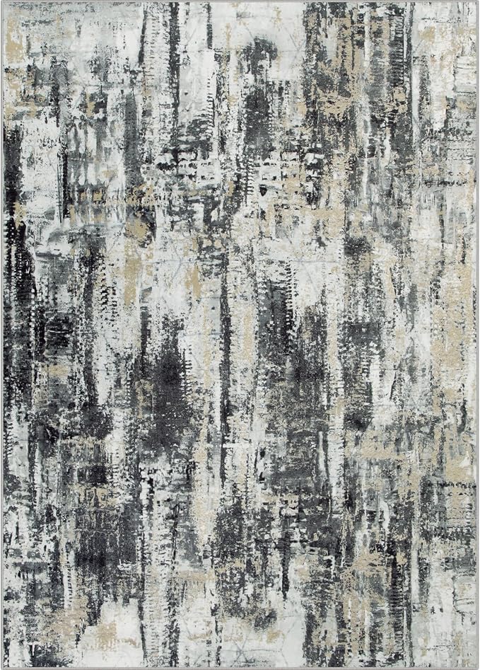 8x10 Area Rugs Washable Rug: Large Modern Abstract Living Room Rug Soft Anti-Skid Thin Carpet Indoor Floor Non-Shedding Carpets for Bedroom Dining Farmhouse Nursery Home Office Black Grey Gold - Image 2