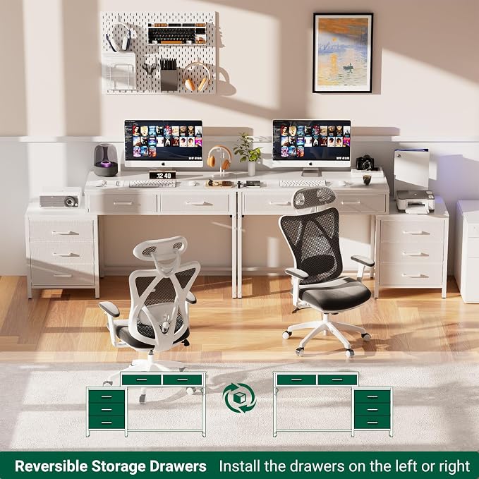 Unikito Reversible Computer Desk with 5 Drawers, Sturdy Office Desk with Power Outlets and USB Ports, Study Writing Table with File Cabinet & Printer Stand, Vanity Desk with Storage, White - Image 4