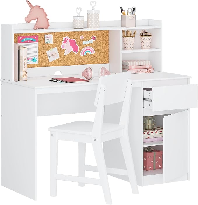 UTEX Wooden Kids Desk and Chair Set with Hutch and Storage for Ages 5-12 | Kids Study Table with Cork Bulletin Board, School Desk, Multi-Zone Storage, Water-based Paint Finish for Study Room by UTEX