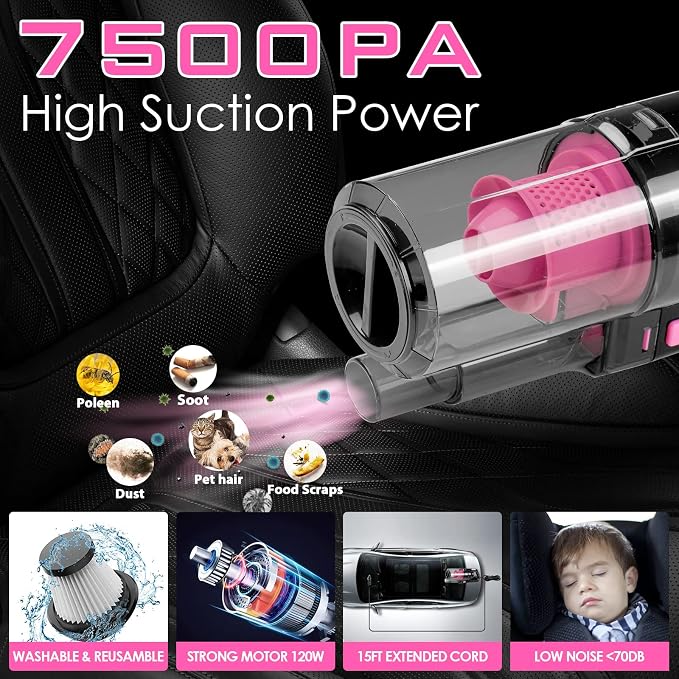 17pcs Car Cleaning Kit, Pink Car Interior Detailing Kit with High Power Handheld Vacuum, Detailing Brush Set, Windshield Cleaner, Cleaning Gel, Complete Auto Accessories for Women Gift - Image 2