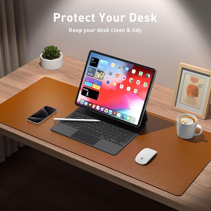 Aothia Leather Desk Pad Protector, Mouse Pad, Office Desk Mat, Non-Slip PU Leather Desk Blotter, Laptop Desk Pad, Waterproof Desk Writing Pad for Office and Home (48"x17",Brown) - Image 3