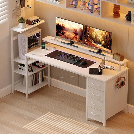 59 Inch Gaming Desk with Drawers & PC Tower Stand & LED Lights, White | Reversible, Monitor Shelf, Power Outlets, Carbon Fiber, Mesa Gamer, Computer Desk with Storage, Gaming Table for Home Office by YOUDENOVA