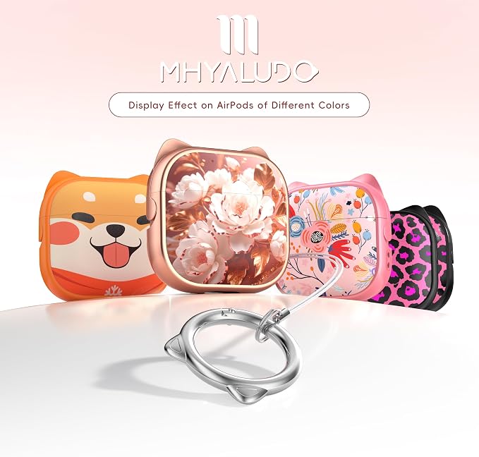 for AirPods 4 Case with Cleaning Kit, Cute Cat Ear Print Design & Cute Buckle, Inverted Phone Holder Design, Top Safe Lock Buckle Design, for Girls AirPods 4 case 2024, Rose Gold Peony - Image 6