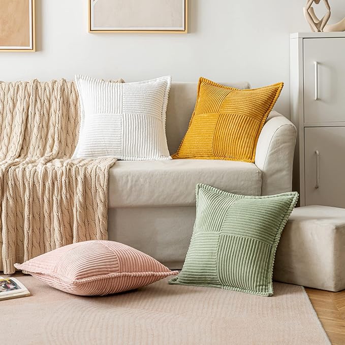 MIULEE Spring Decorative Throw Pillow Covers for Couch Bed Livingroom 16x16 Inch Set of 2 Sage Green Boho Accent Throw Pllows Broadside Striped Patchwork Soft Corduroy Pillowcases - Image 5