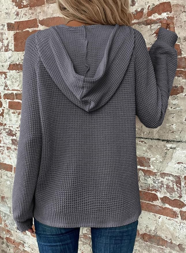 Dokotoo Hoodies for Women Waffle Knit Long Sleeve Drawstring Button V Neck Casual Sweatshirt Hooded Tops Fashion Clothing - Image 2