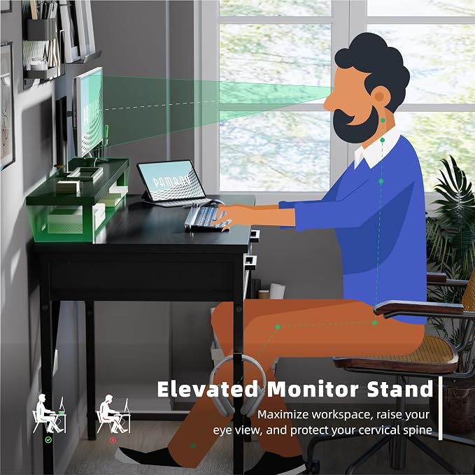 Pamray 32 Inch Small Computer Desk with Monitor Stand and 2 Drawers | Small Gaming Desk, for Bedroom Apartment and Dorm, for Study Work and Writing, Small Spaces, Sturdy, Easy Assembly - Image 5