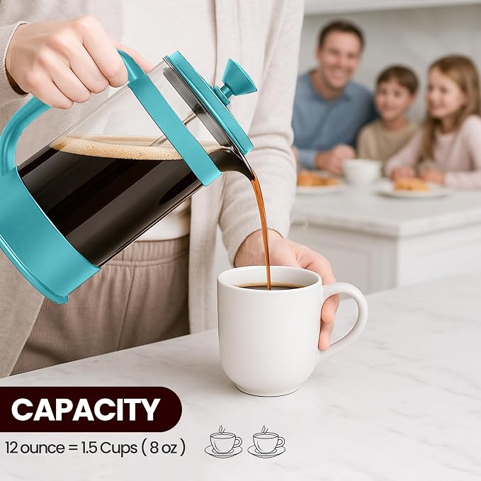 Utopia Kitchen 12 oz Glass French Press, French Press Coffee Maker, Tea Press, Triple-Layer Filter for Smooth Brew, Heat-Resistant Borosilicate Glass, Stainless Steel Plunger, Aqua - Image 6