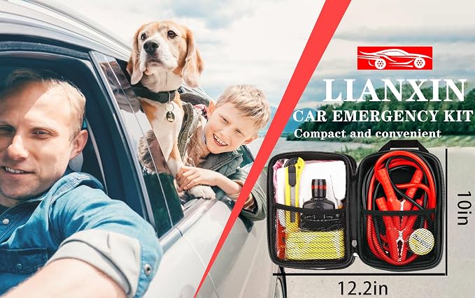 Car Emergency Kit with Battery Jumper Cables Headlamp Car Safety Kits | LIANXIN Roadside Emergency Kit Tow Straps, Art Knife, Gloves, Breakdowns Gifts for New Drivers and Teenagers - Image 7
