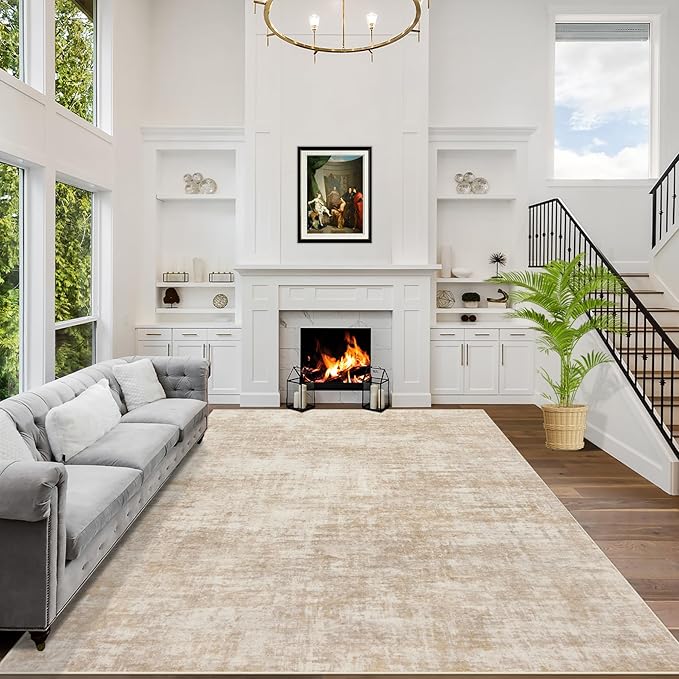 9x12 Area Rugs Washable Rug: Modern Abstract Living Room Rug Soft Anti-Skid Thin Carpet Indoor Floor Non-Shedding Carpets for Bedroom Dining Room Farmhouse Nursery Home Office Beige by GENTDRIZZ