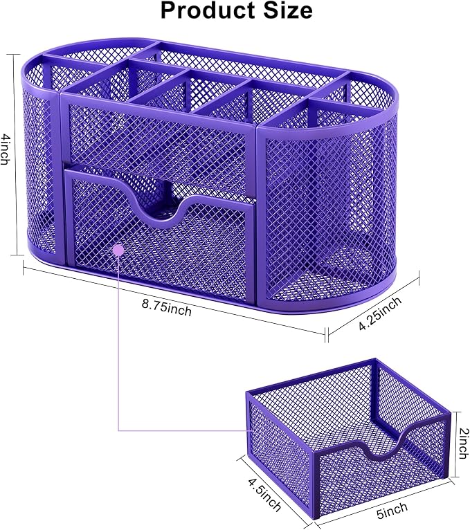EasyPAG Mesh Pen Holder Desk Organizer with Drawer Stationery Supplies Organizer for Dorm School 9 Compartments Workspace Desk Accessories Organization for Office, Purple - Image 8