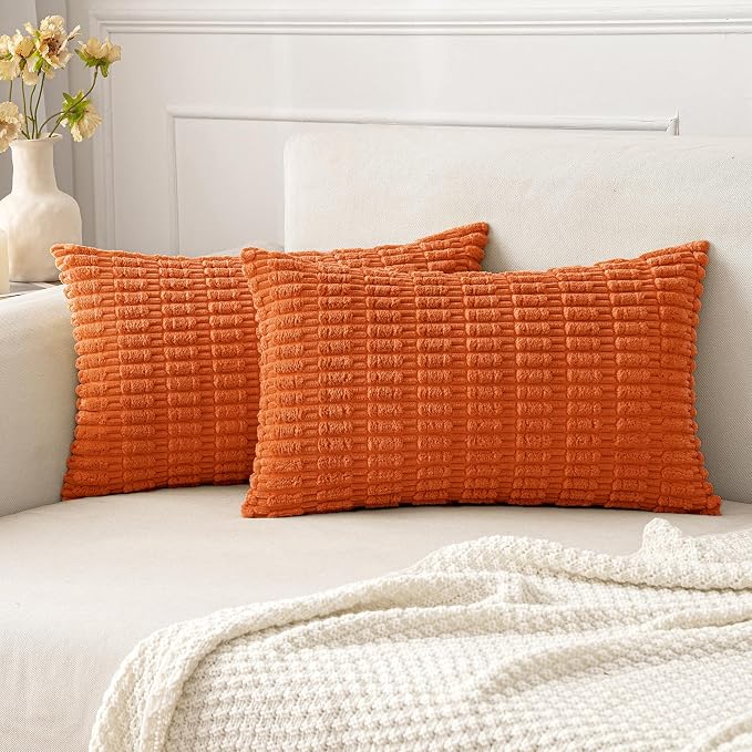 MIULEE Fall Pack of 2 Orange Corduroy Decorative Lumbar Pillow Covers 20x12 Inch Soft Boho Striped Throw Pillow Covers Modern Farmhouse Home Decor for Sofa Living Room Couch Bed by MIULEE