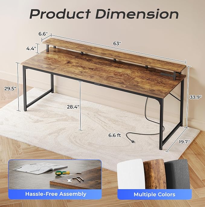 PRAISUN 63 inch Gaming Desk, LED & Outlets, Monitor Stand, Rustic Brown | Sturdy PC Desk for Home Office, Study & Work, LED Lights, 4 AC Outlets & USB-C Charging Station - Image 3