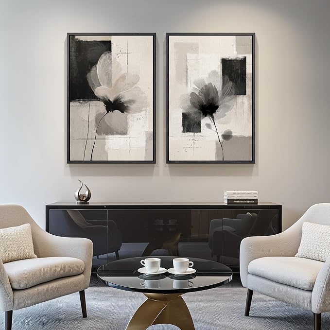 Large Framed Neutral Abstract Floral Wall Art, Set of 2 Black and Beige Modern Canvas Prints Paintings Artwork for Walls, Minimalist Pictures for Living Room, Dining Room, Bedroom Wall Decor 24x36 In - Image 8