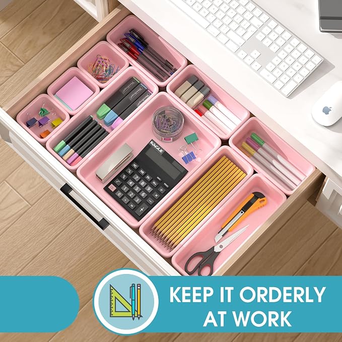 25 PCS Drawer Organizer Set, 4 Size Makeup Drawer Divider Organizer With Non-Slip Pads, Interlocking Plastic Storage Bins for Office,Jewelry Vanity,Gadgets, Bathroom,Kitchen, Pink - Image 4