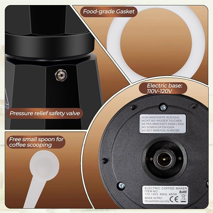Electric Aluminum Moka Pot 3-6 Cup 150-270ml Espresso Maker | with Detachable Base Ideal Coffee Makers for Home MochaPot Italian and Cuban Café Coffeemaker Espressomaker CoffeePot Black - Image 8
