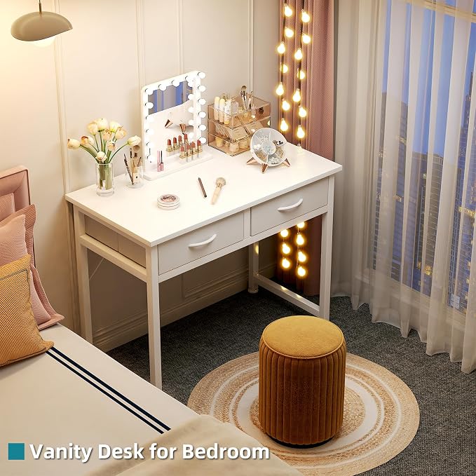 CAIYUN Small White Desk with Fabric Drawers for Bedroom, 31 Inch Home Office Desk with Side Pocket and Hook for Small Space, Makeup Vanity Desks Kid’s Desks to Writing Made of Wood and Metal, White - Image 7