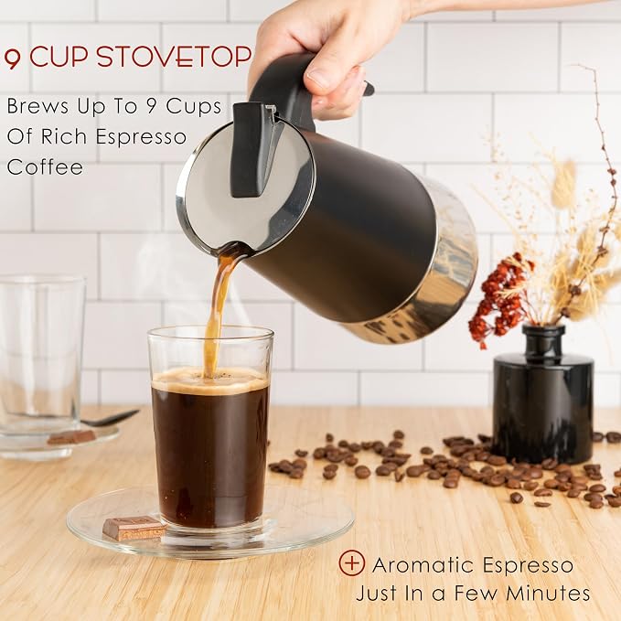 Mixpresso 9 Cup Greca Moka Pot, Stainless Steel Stovetop Espresso Maker | 450ml/15oz Italian stovetop coffee maker with classic percolator design, ideal for preparing coffee at home or while camping - Image 3
