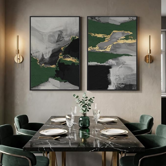 Large Framed Green Abstract Wall Art, 2 Piece Modern Canvas Prints Paintings, Black and Gray Pictures with Gold Accents for Living Room Hallway Dining Room Bedroom Office Wall Decor 24x36 In - Image 2