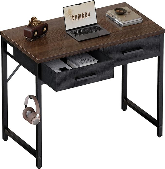 Pamray 32 Inch Small Computer Desk with 2 Drawers for Bedroom Study Writing Home Office Table for Small Spaces Brown by PAMRAY