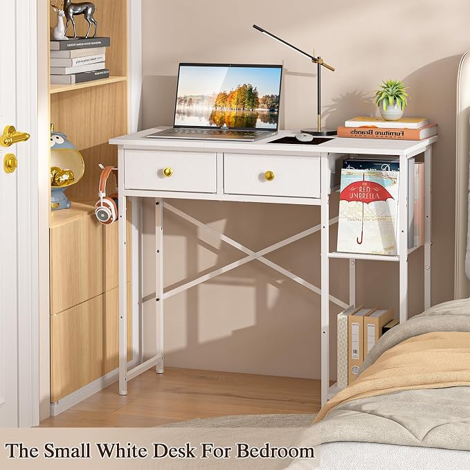 DAOUTIME White Computer Desk, 36 Inch Small Desk with Drawers, Home Office Desk with Storage Shelves for Bedroom, Living Room, Dorm, Vanity Desk for Small Spaces, White - Image 6