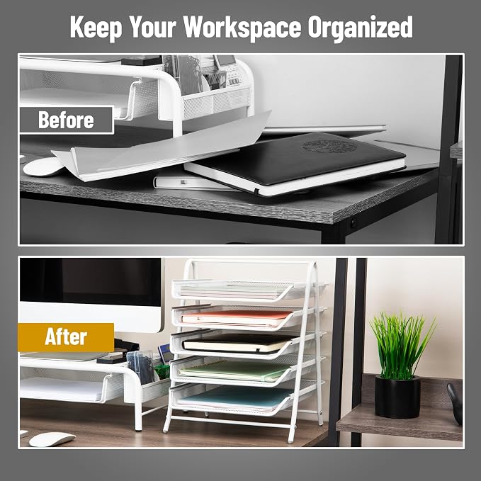 Mind Reader 5-Tier Paper Tray Organizer, White | Vertical Desktop File Storage Rack, Office, Metal Mesh - Image 5