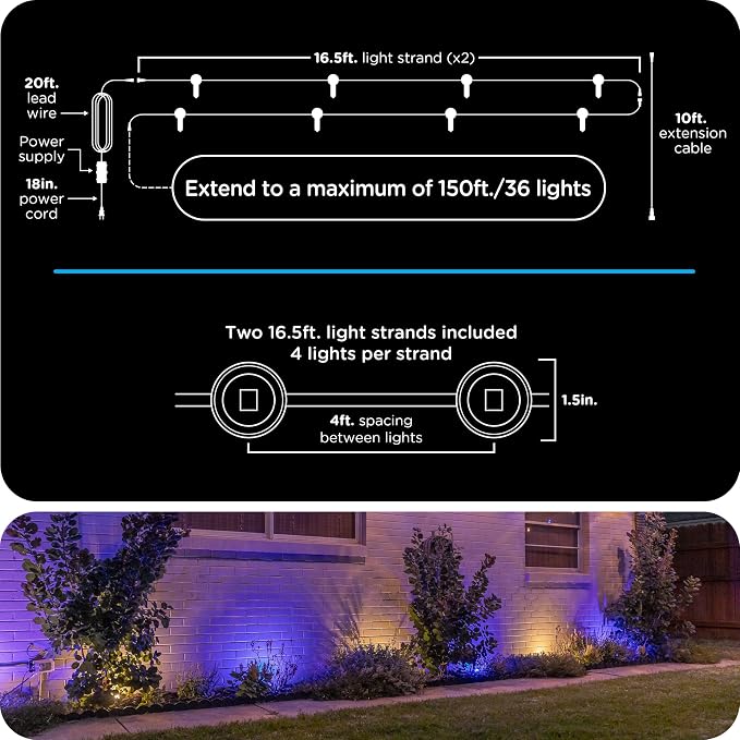 Enbrighten Vibe Eternity Garden Lights, 33ft, 8 RGBWIC LEDs, Waterproof, Uplights, Outdoor Landscape Lighting, Home Exterior Spotlight, Smart App, Works with Alexa, Google Home, 83789 - Image 8