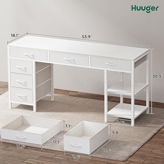 Huuger Computer Desk with 6 Drawers, Office Desk with Shelves, Reversible Gaming Desk, Corner Desk with Storage, Work for Home Office, Study, Living Room, 54inch, White - Image 8
