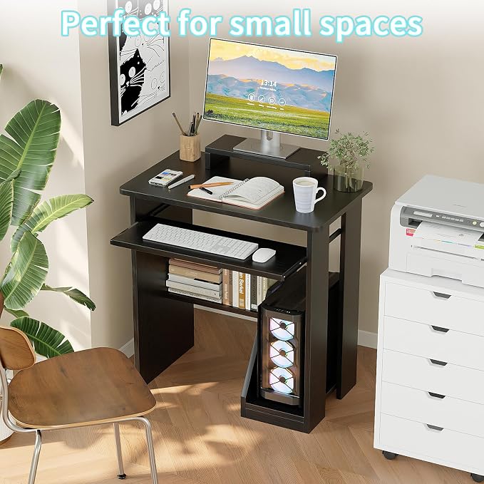 ALISENED 30 Inch Computer Desk, with Keyboard Tray & Monitor Stand | Compact Desk for Space-Saving, Ergonomic Study Desk with Storage Shelves for Writing, Gaming, Working, Black - Image 4