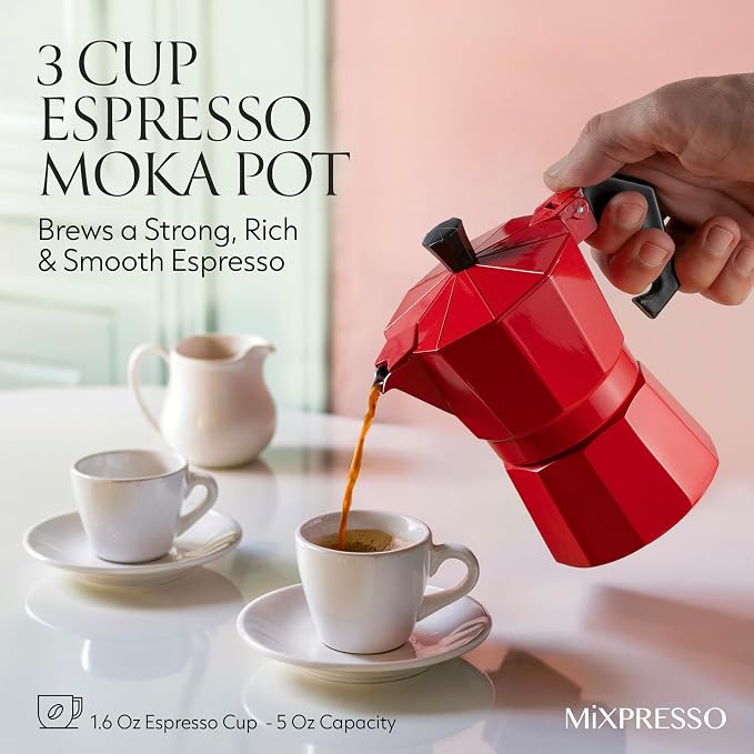 Mixpresso 3 Cup Moka Pot Stovetop Espresso Maker, Italian Cuban Coffee Pot | 5oz aluminum Italian coffee maker for gas and electric stovetops, small design for traditional espresso-style coffee at home - Image 7