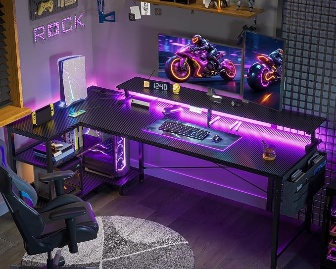 ODK 66 Inch L Shaped Gaming Desk with LED Lights, Power Outlets, Black | Adjustable Monitor Stand, Open Storage Shelves, Hanging Side Bag, PC Tower Stand, Reversible Layout for Gaming - Image 2